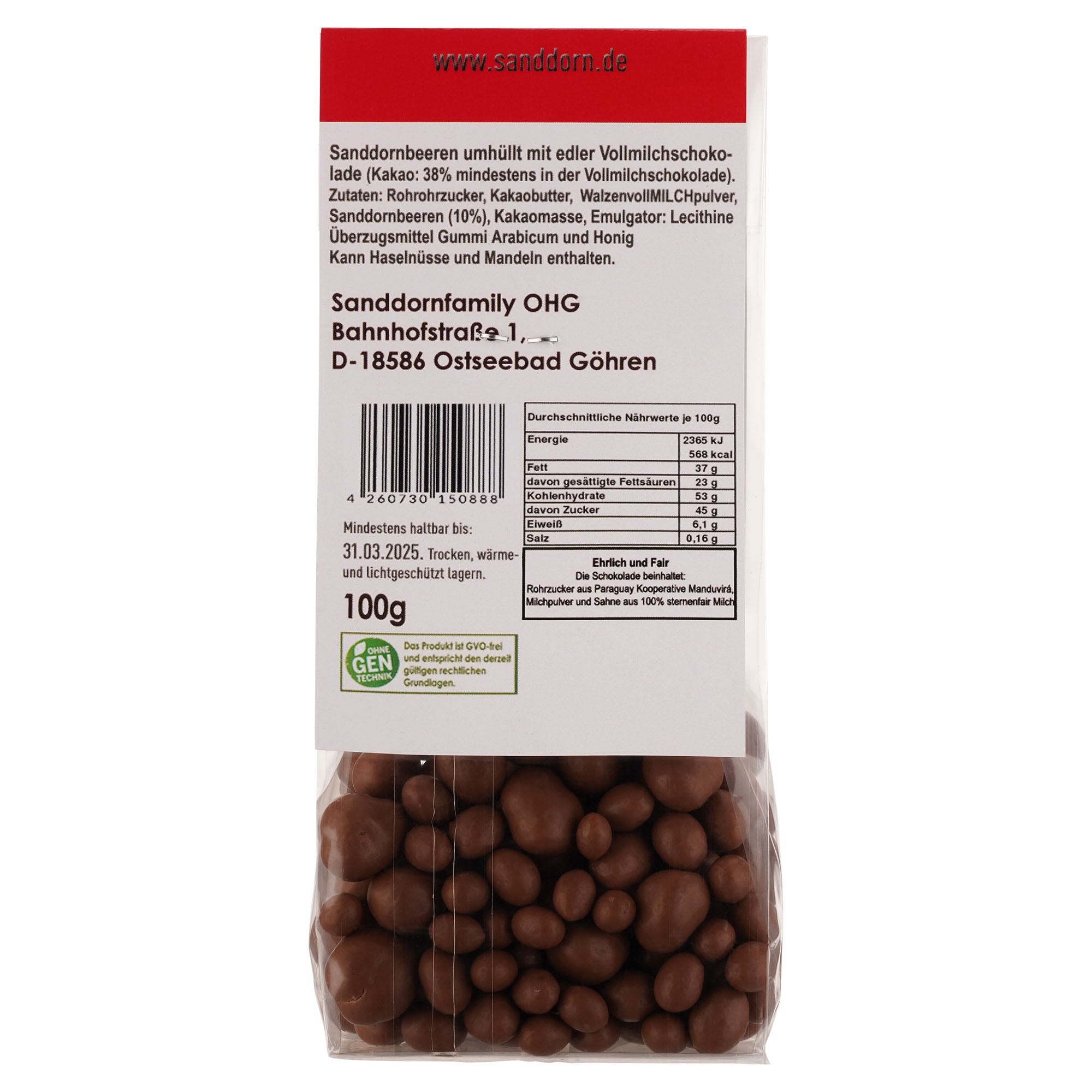 dragierte Sanddornbeeren in Vollmilch-Schokolade,100g