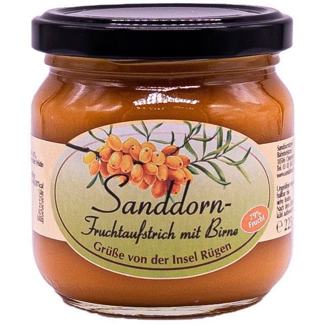 Sanddorn-Fruchtaufstrich mit Birne, 79% Frucht, 200g – Sanddornfamily Sanddorn-Fruchtaufstrich mit Birne, 79% Frucht, 200g – Sanddornfamily